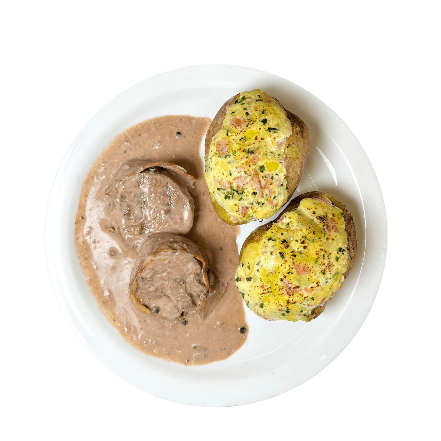 Filet mignon de pollo con papa rellena.
