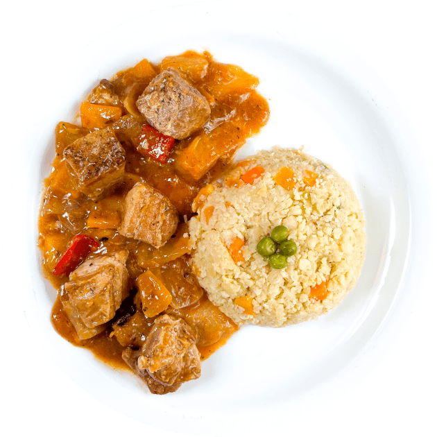 Cerdo hawaiano con arroz blanco.