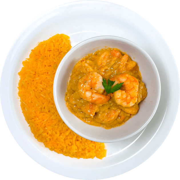Sango de camarón con arroz amarillo.