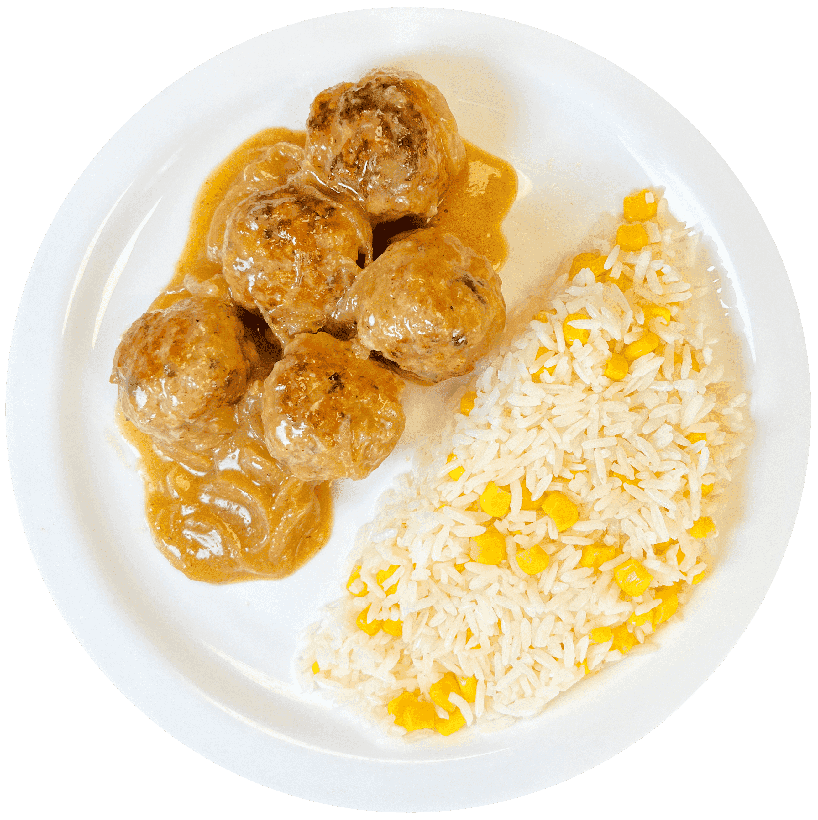 Albondigas de cerdo con arroz con choclo.