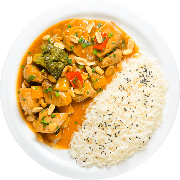 Pollo Kung Pao con arroz blanco con semillas.