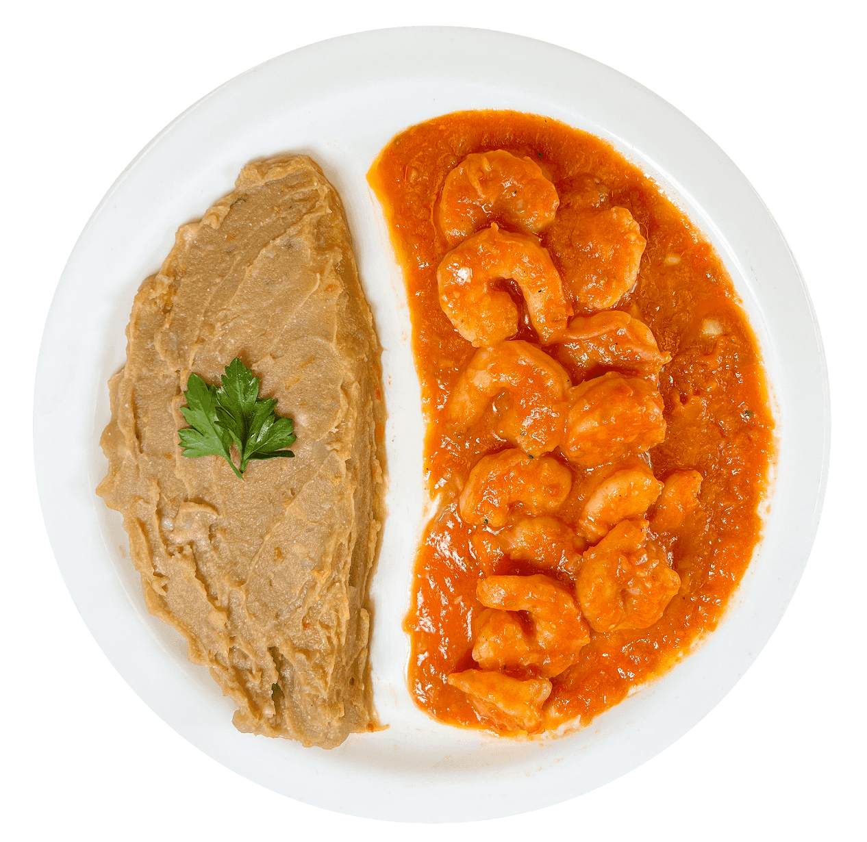 Camarones a la diabla con puré de camote.