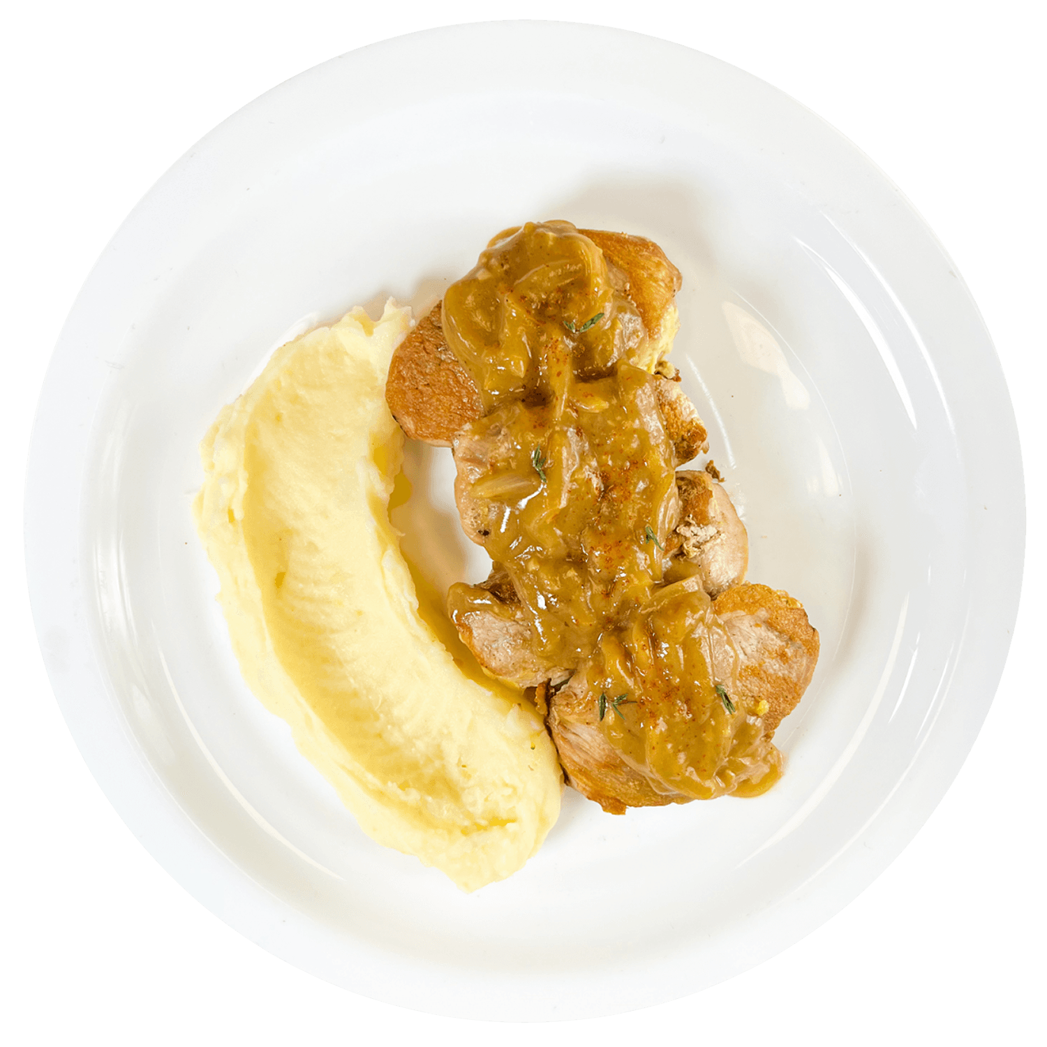 Solomillo de cerdo en salsa de jerez con puré de papa.