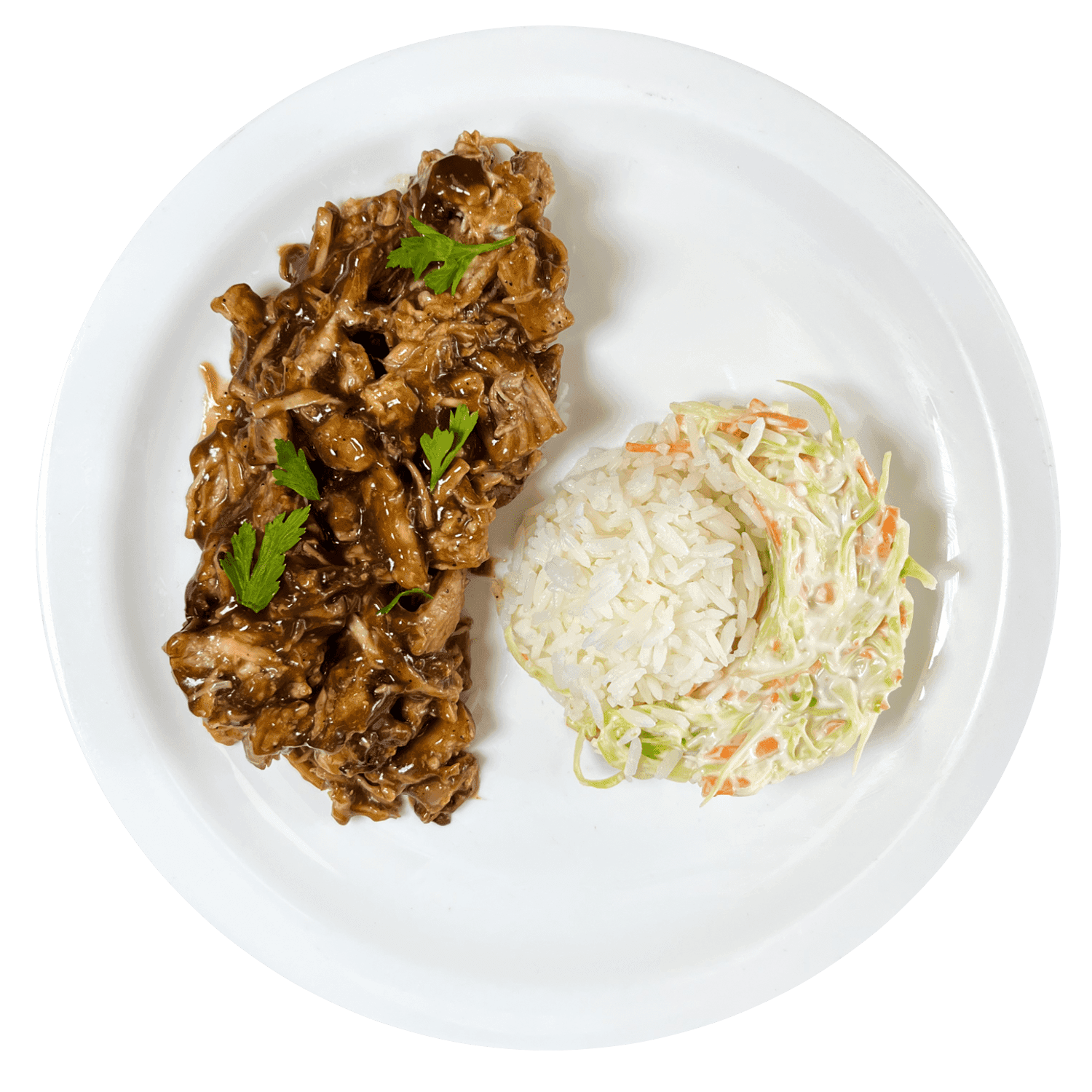 Pulled pork con arroz y ensalada de col.