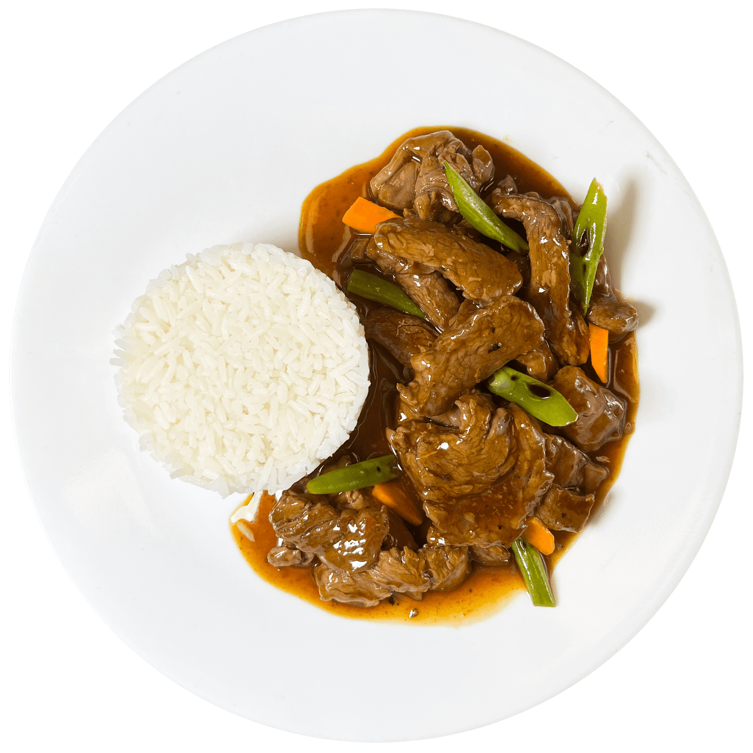 Mongolian beef con arroz blanco.